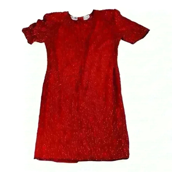 Silky Nites Dresses & Skirts - Vintage Silky Nites Size M Red Fully Beaded Sequins 100 % Silk BEAUTIFUL!